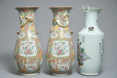 A pair of large Chinese Canton rose medallion vases and a fencai vase with ladies, 19/20th C.